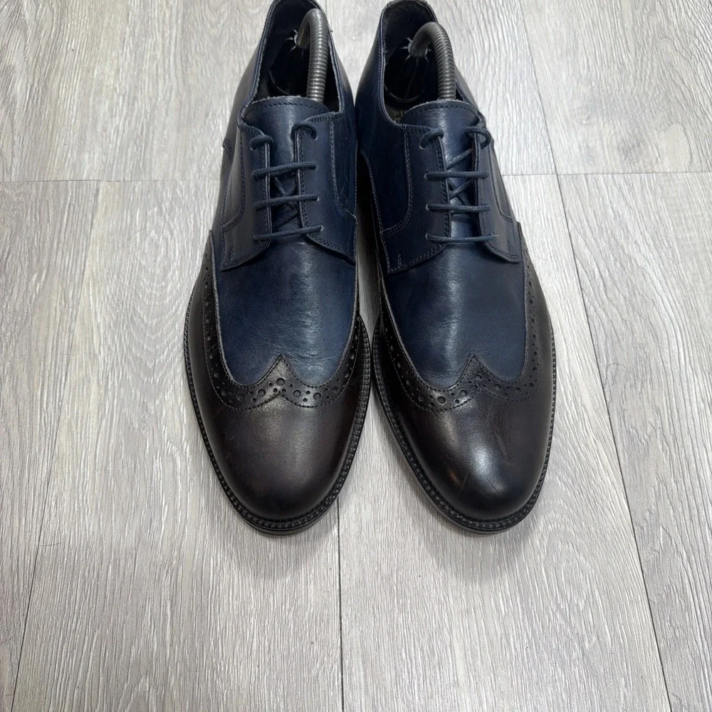 Mens Italian Made Brogue Leather Derby Oxford Dress Shoes Blue & Brown L&G Sz 42